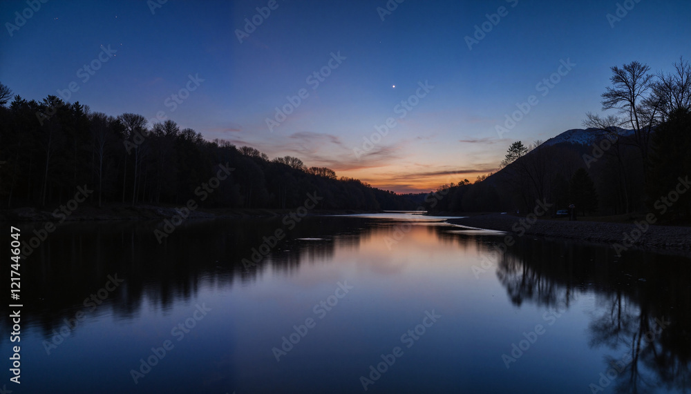 Fototapeta premium Serene river at sunset with mountains and trees