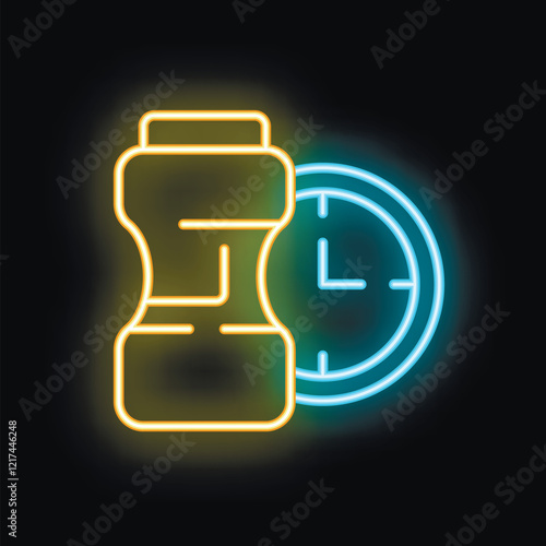 Yellow and blue neon icon of a sports nutrition container and clock, suggesting it's time for a workout