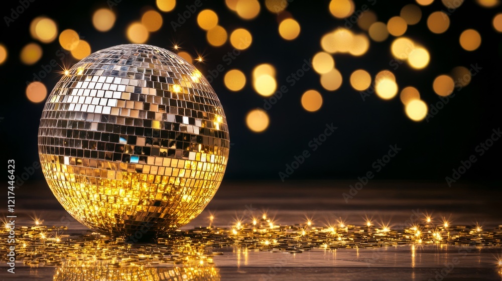 Obraz premium Golden Disco Ball on Wood with Bokeh Lights, Party Decor, Festive Image Disco Ball, Bokeh
