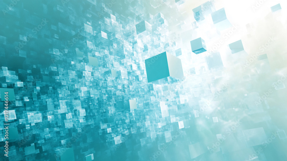 Abstract blue Mosaic with floating squares and sparkling light effects, Abstract background featuring light blue floating cubes arranged in a dynamic pattern, 