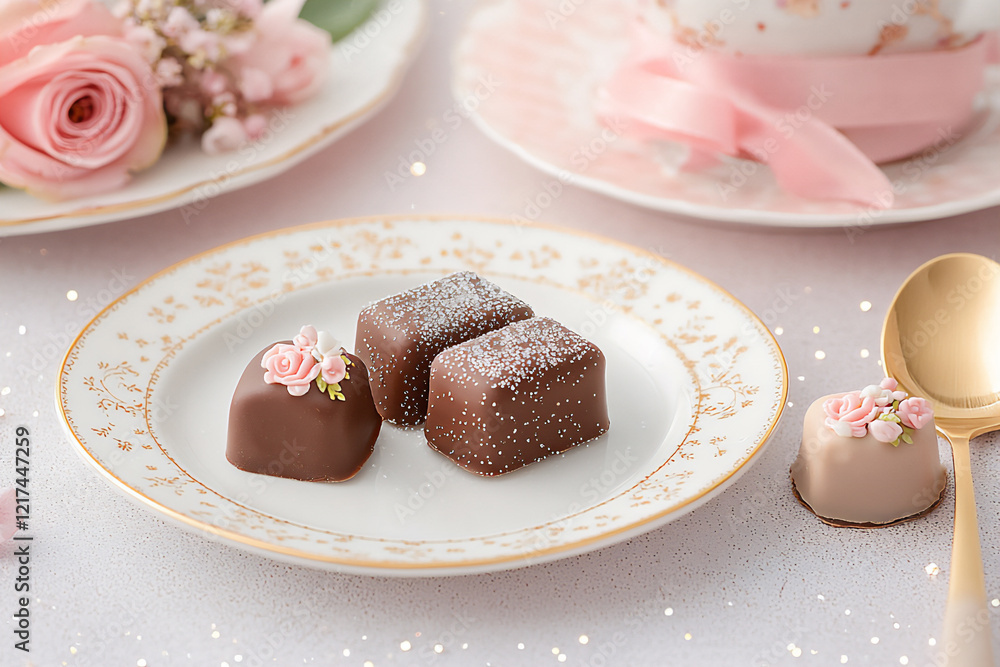 luxury chocolate bonbons with shimmering sugar and floral spoons luxury chocolate bonbons with shimmering sugar and floral spoons