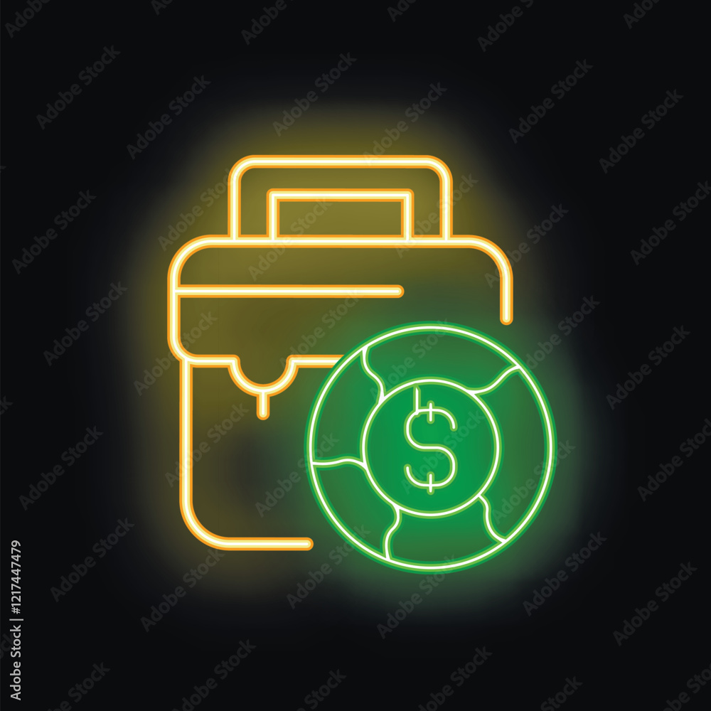 Neon sign illuminating a briefcase with a dollar coin, perfect for representing investment funds and financial security Neon sign illuminating a briefcase with a dollar coin, perfect for representing investment funds and financial security