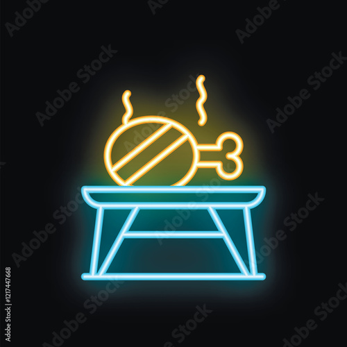 Neon sign illuminating a cooked chicken leg, emanating appetizing steam, resting on a simple table