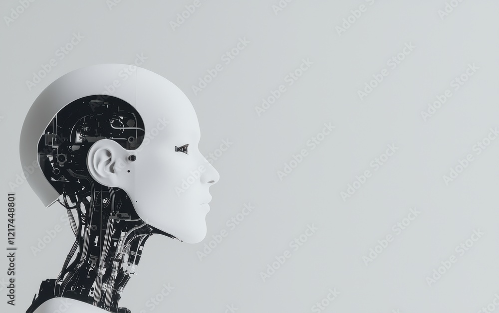 Profile of a realistic humanoid robot, showcasing internal mechanisms and clean futuristic design, representing innovation in robotics and AI engineering Profile of a realistic humanoid robot, showcasing internal mechanisms and clean futuristic design, representing innovation in robotics and AI engineering