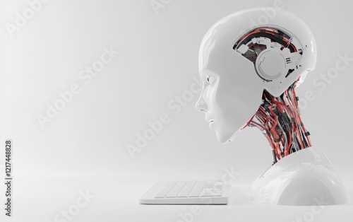 Profile of a realistic humanoid robot, showcasing internal mechanisms and clean futuristic design, representing innovation in robotics and AI engineering photo