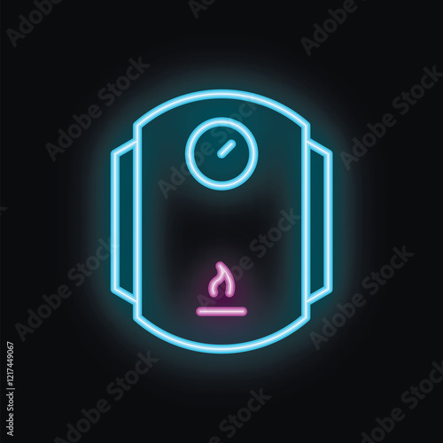 Neon boiler icon glowing on a black background, representing home heating and hot water systems