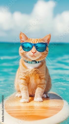 Cool Cat Surfs Ocean Waves Wearing Sunglasses photo