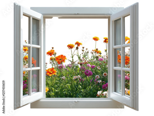 Isolated Open Window with Flowers