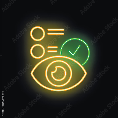 Neon icon of an eye tracking the completion of tasks, symbolized by a green checkmark in a circle