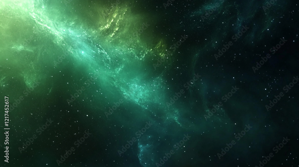 Obraz premium Abstract and modern green glitter flare background, ethereal, nebula, galaxy, universe, astronomy, light.