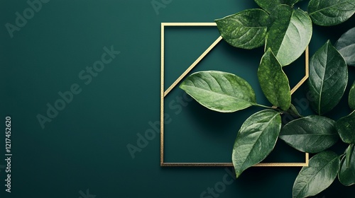 Lush green leaves frame on dark teal background, nature, minimalist design, ideal for eco-friendly product promotion