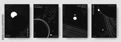 Set of abstract space astronomy backgrounds. Line art galaxy, meteorites, planet, solar system. Science future concept. Cosmic minimalist design for cover, poster, layout, banner, flyer, brochure