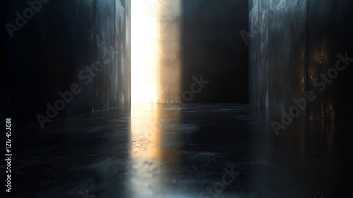 Abstract hallway with light at the end, mysterious and dramatic, a beam of light shining through an opening in the darkness, creating an ethereal and intriguing mood 