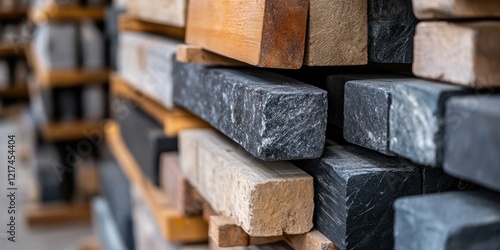 Stacks of various textured stone blocks in a warehouse setting showcase diversity in natural materials and craftsmanship, reflecting industrial charm. photo