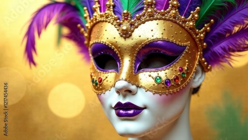 Wallpaper Mural Mardi Gras background with A woman is wearing a gold and purple mask with feathers. The mask is adorned with gold and purple jewels, and a gold crown sits atop it. The woman's face is visible Torontodigital.ca