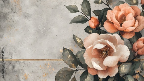 Peach roses bouquet on grey textured background; elegant floral design for wedding invitations or home decor