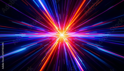 Vibrant light beams radiating from a central point creating an explosion of colors at night