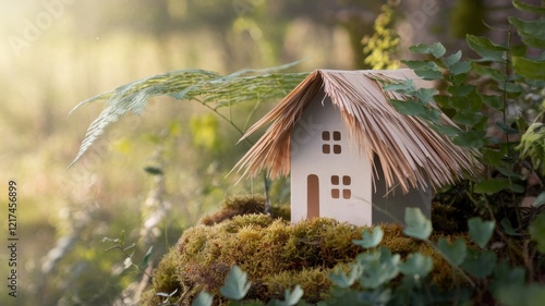 A charming miniature paper house with a thatched roof rests on a mossy base, surrounded by vibrant greenery, evoking a serene and whimsical mood. photo