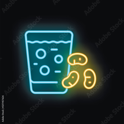 Neon glowing icon of a glass of beer and peanuts representing a bar concept