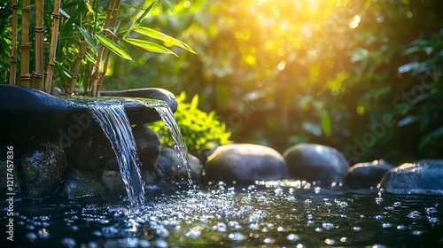 Serene garden waterfall at sunset, peaceful zen background. Ideal for relaxation, meditation, and nature themes photo