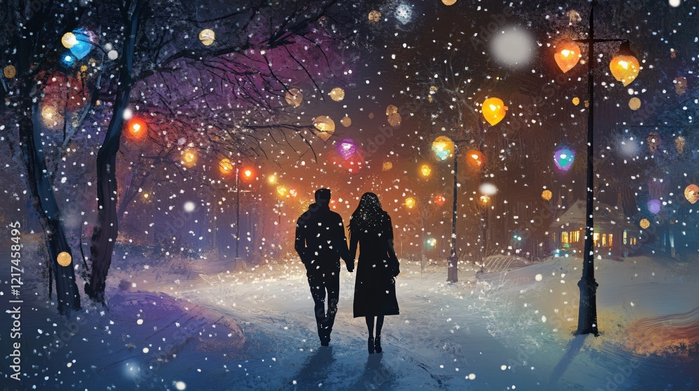 Obraz premium Romantic winter stroll city park photograph snowy night eye-level view love in the air