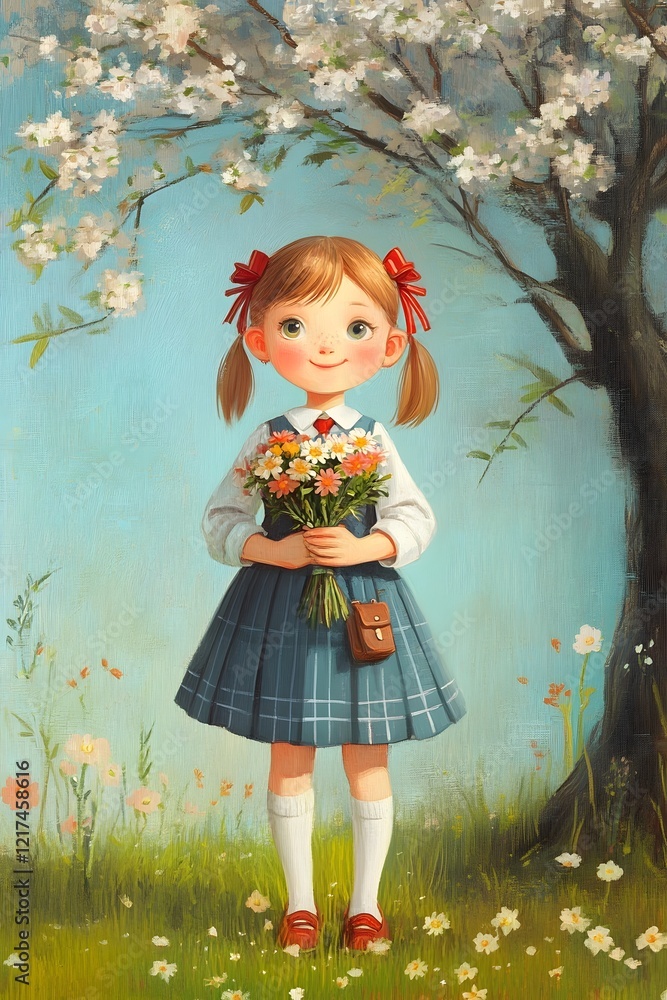 Fototapeta premium Cheerful Schoolgirl Holding Flowers Under Blooming Tree in Whimsical Outdoor Scene