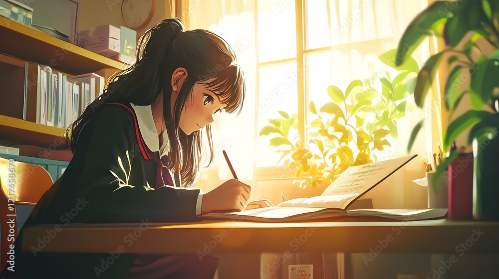Fototapeta premium Anime-Inspired Schoolgirl Sketching in Notebook by Sunlit Classroom Window
