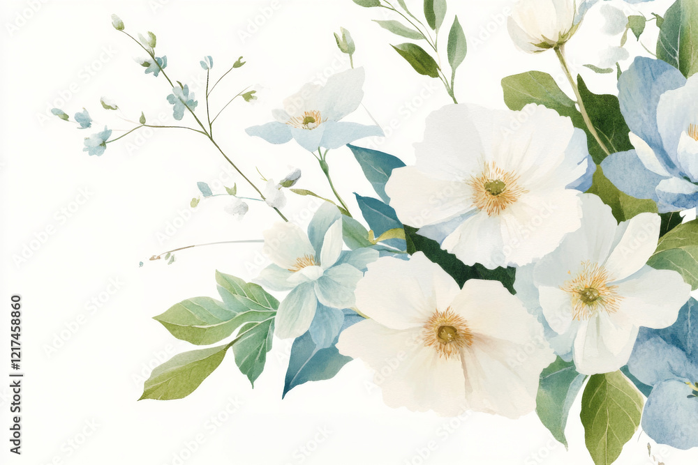 Fototapeta premium Beautiful arrangement of white and light blue flowers with green leaves on a soft background