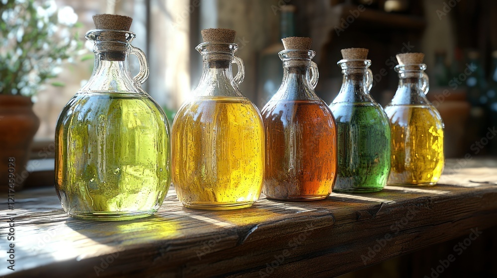 Rustic oils, window light, bottles, shelf, herbal shop Rustic oils, window light, bottles, shelf, herbal shop