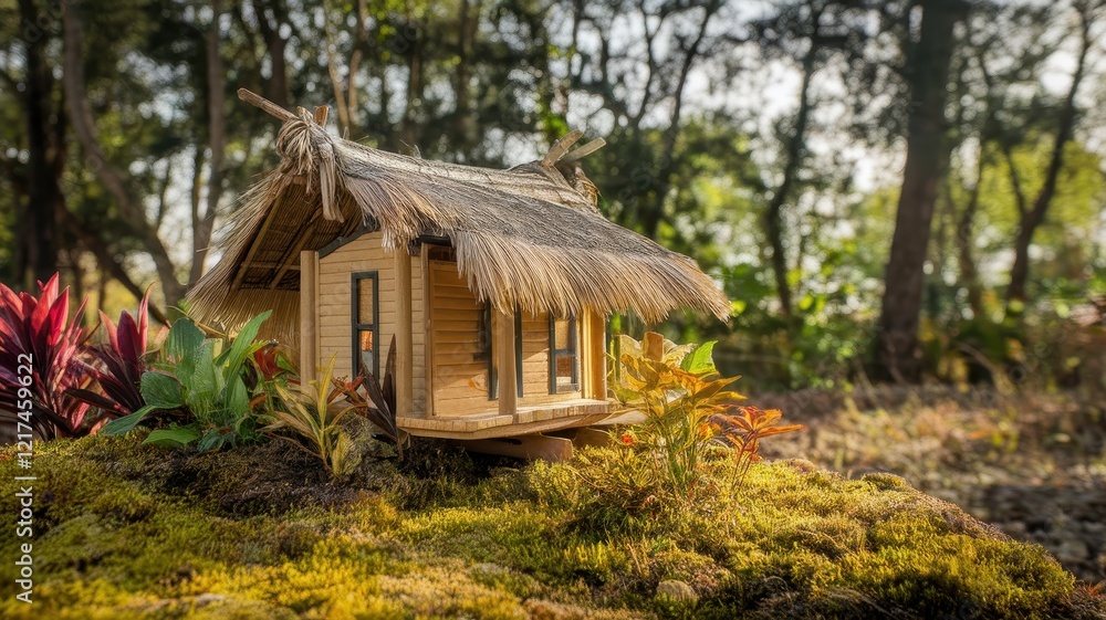 A charming miniature wooden house with a thatched roof, surrounded by vibrant greenery and soft moss, capturing a serene outdoor atmosphere. A charming miniature wooden house with a thatched roof, surrounded by vibrant greenery and soft moss, capturing a serene outdoor atmosphere.