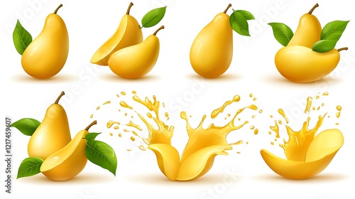 Ripe yellow pear variations, slices, and juice splash on white background for food visuals photo