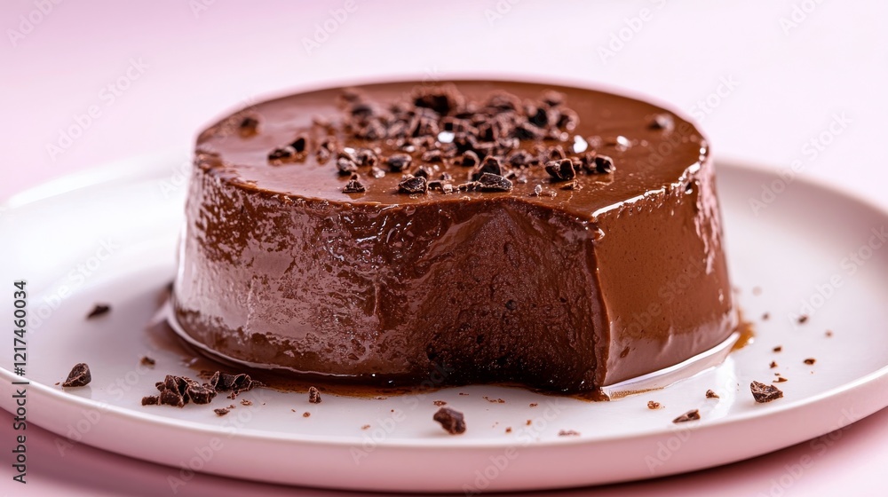 A chocolate mousse with glaze served on a white plate. Irresistible and succulent chocolate mousse dessert. A chocolate mousse with glaze served on a white plate. Irresistible and succulent chocolate mousse dessert.