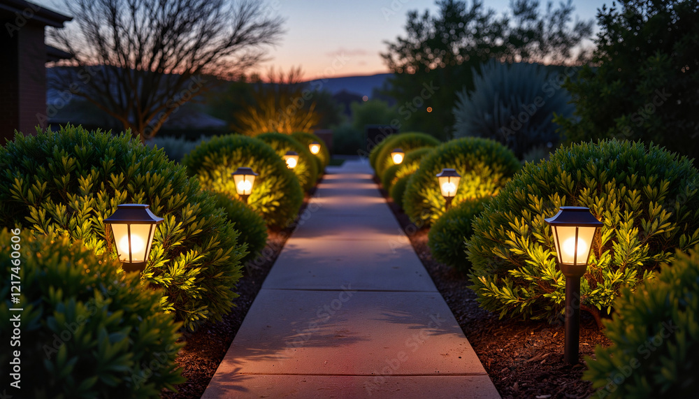 Obraz premium Solar garden lanterns illuminating serene pathway at twilight, tranquility