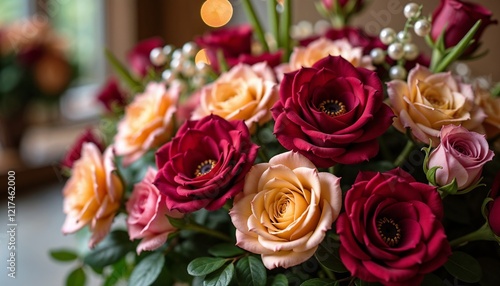 Close-up of a festive flower arrangement for a card to loved ones