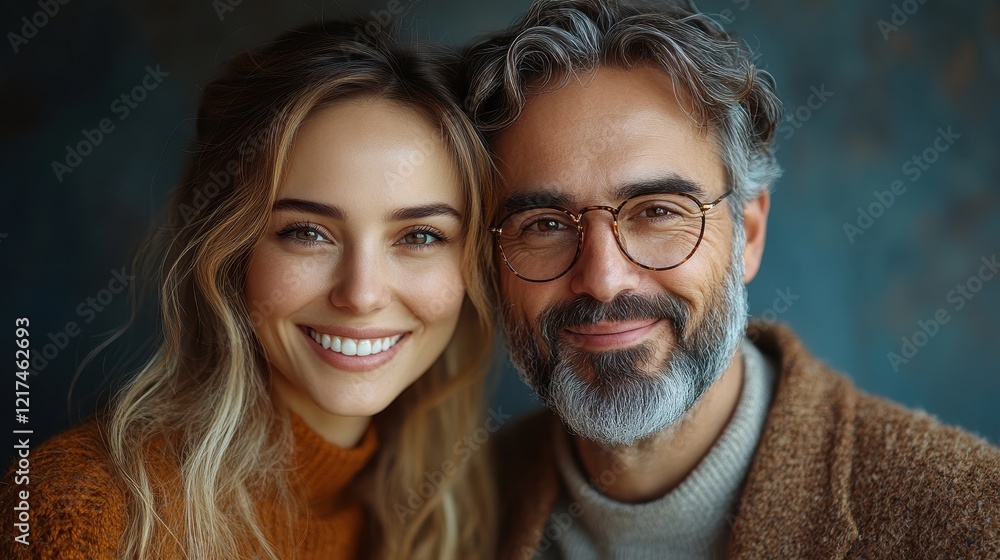 A joyful couple smiling warmly at the camera in a cozy setting. A joyful couple smiling warmly at the camera in a cozy setting.