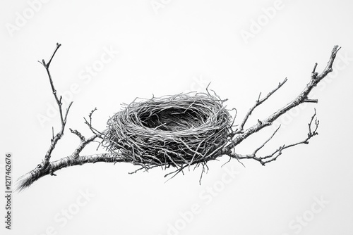 A detailed pencil drawing of an empty bird's nest on a branch, against a white background