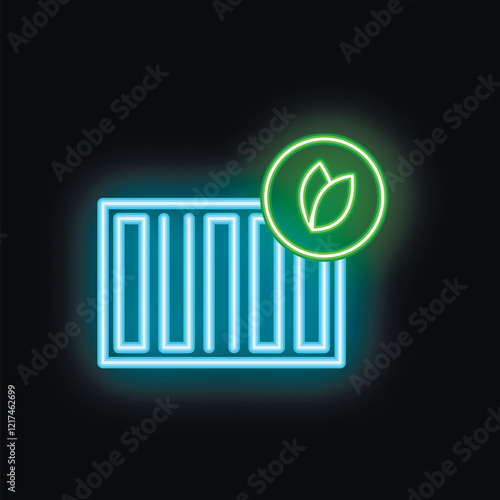 Neon glowing sign representing a shipping container with a green leaf symbol, suggesting eco friendly transportation