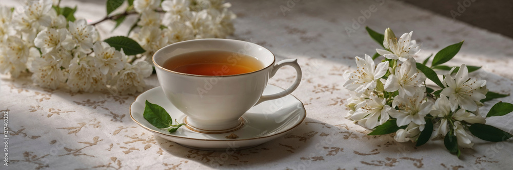 Relaxing tea time with a porcelain teacup filled with hot tea, accompanied by delicate white flowers on a patterned tablecloth Relaxing tea time with a porcelain teacup filled with hot tea, accompanied by delicate white flowers on a patterned tablecloth