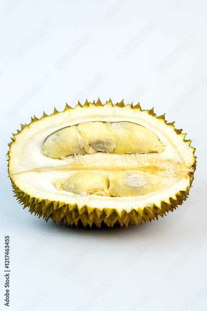Fototapeta premium Close-up of a sliced durian fruit showcasing its spiky shell and yellow flesh. Highlighting the exotic and unique characteristics of this tropical delicacy in an isolated setting