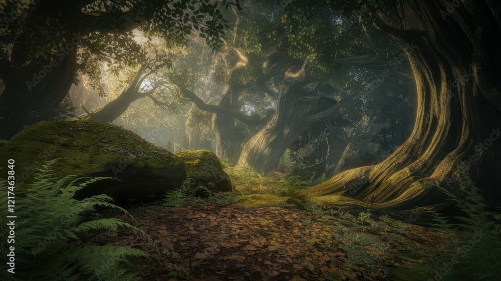 Enchanting forest scene with towering trees and soft light filtering through the leaves, evoking a sense of peace and tranquility. Enchanting forest scene with towering trees and soft light filtering through the leaves, evoking a sense of peace and tranquility.