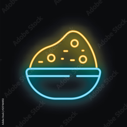 Bright neon sign depicting a bowl overflowing with cookie dough, ideal for bakeries, restaurants, or dessert themed designs