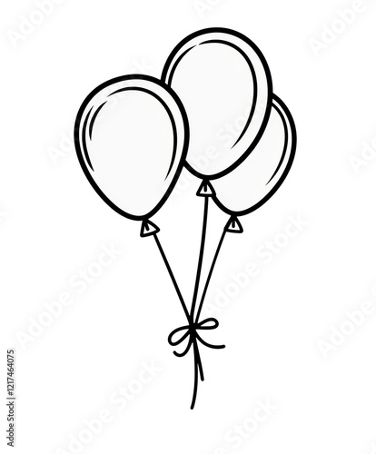 Three balloons tied with a ribbon. The balloons are white and the ribbon is black. The image is simple and elegant.