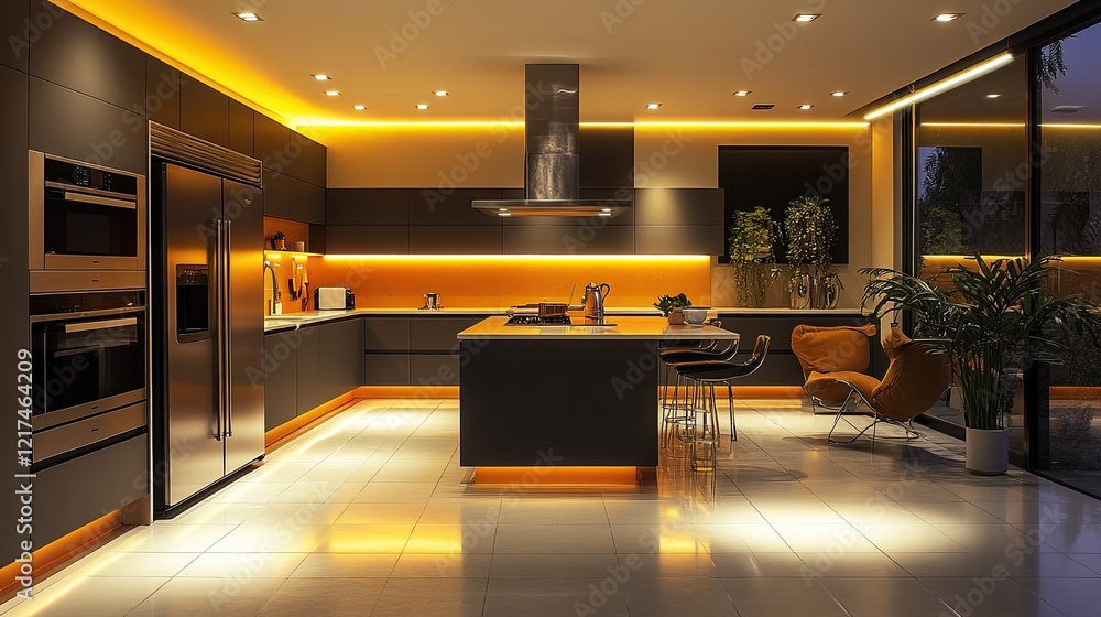 Modern kitchen with 3D pedestal platform, yellow lighting, and tiled studio floor for product displays. Modern kitchen with 3D pedestal platform, yellow lighting, and tiled studio floor for product displays.