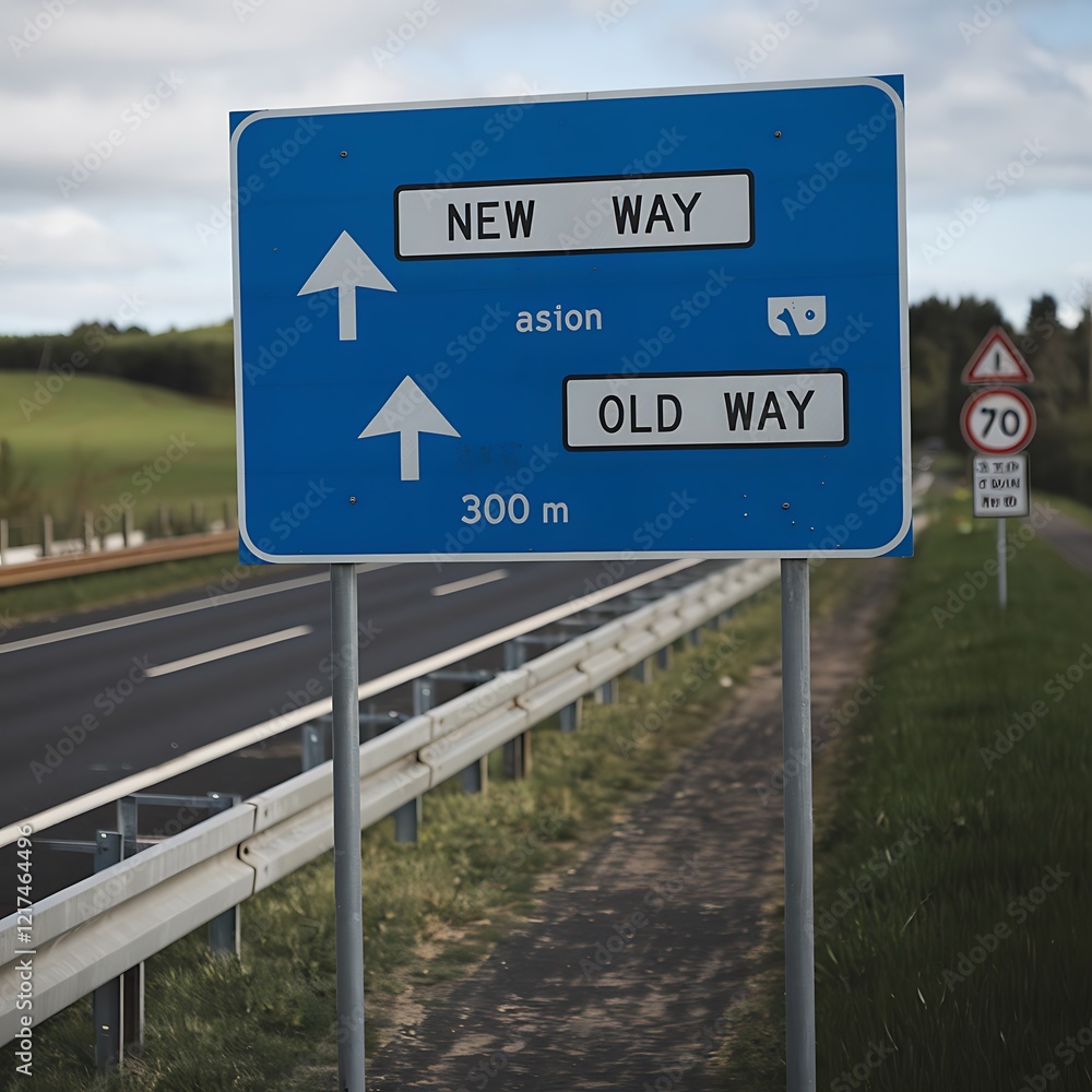 Highway Sign Indicating New Way vs Old Way Direction Highway Sign Indicating New Way vs Old Way Direction