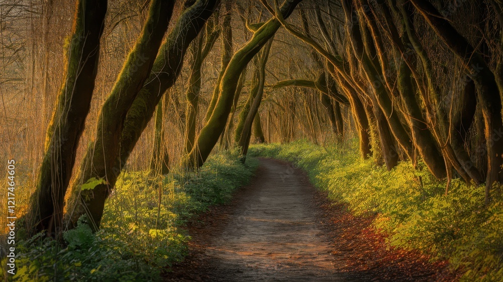 Obraz premium A serene pathway meanders through a lush forest under dramatic light, with twisting trees casting enchanting shadows along the way.