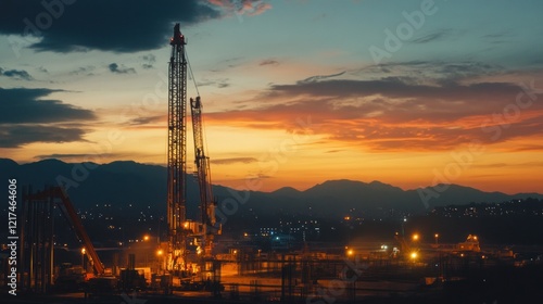 Oil rig at sunset, mountainous landscape.