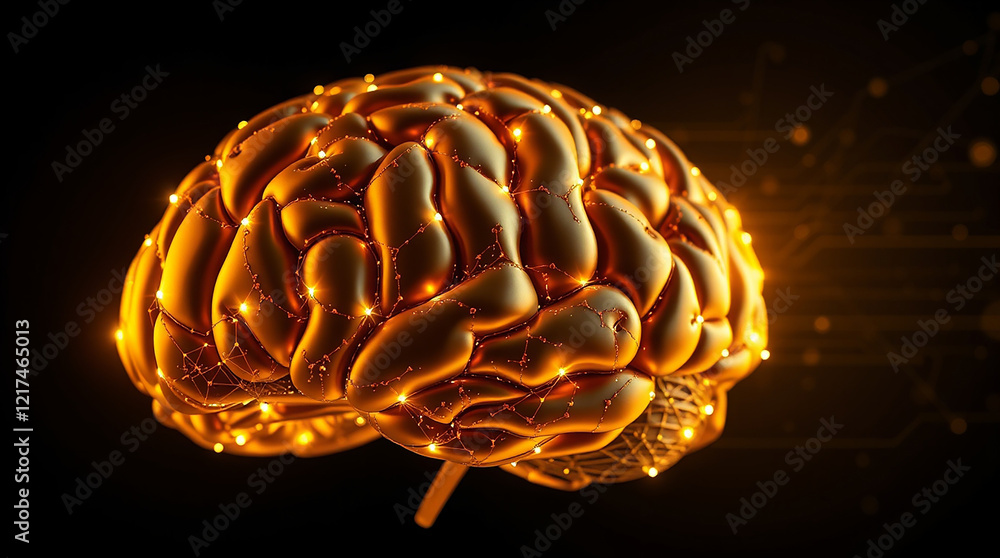 Golden glowing brain, intelligence concept Golden glowing brain, intelligence concept