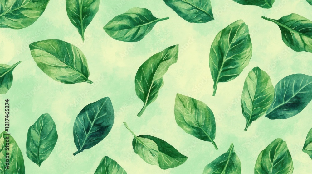 Watercolor spinach leaves pattern on light green background. Watercolor spinach leaves pattern on light green background.