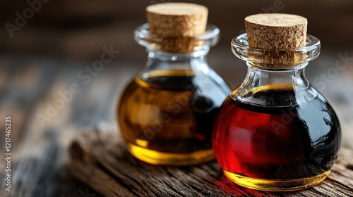 Wallpaper Mural Rustic wood table, oil vinegar bottles, dark background, food blog Torontodigital.ca