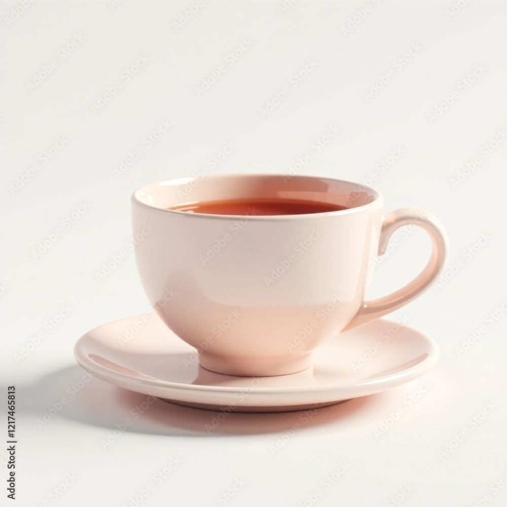 A pink cup with a saucer sits on a white table. The cup is filled with tea, and the saucer is empty. Concept of calm and relaxation, as the cup and saucer are simple A pink cup with a saucer sits on a white table. The cup is filled with tea, and the saucer is empty. Concept of calm and relaxation, as the cup and saucer are simple